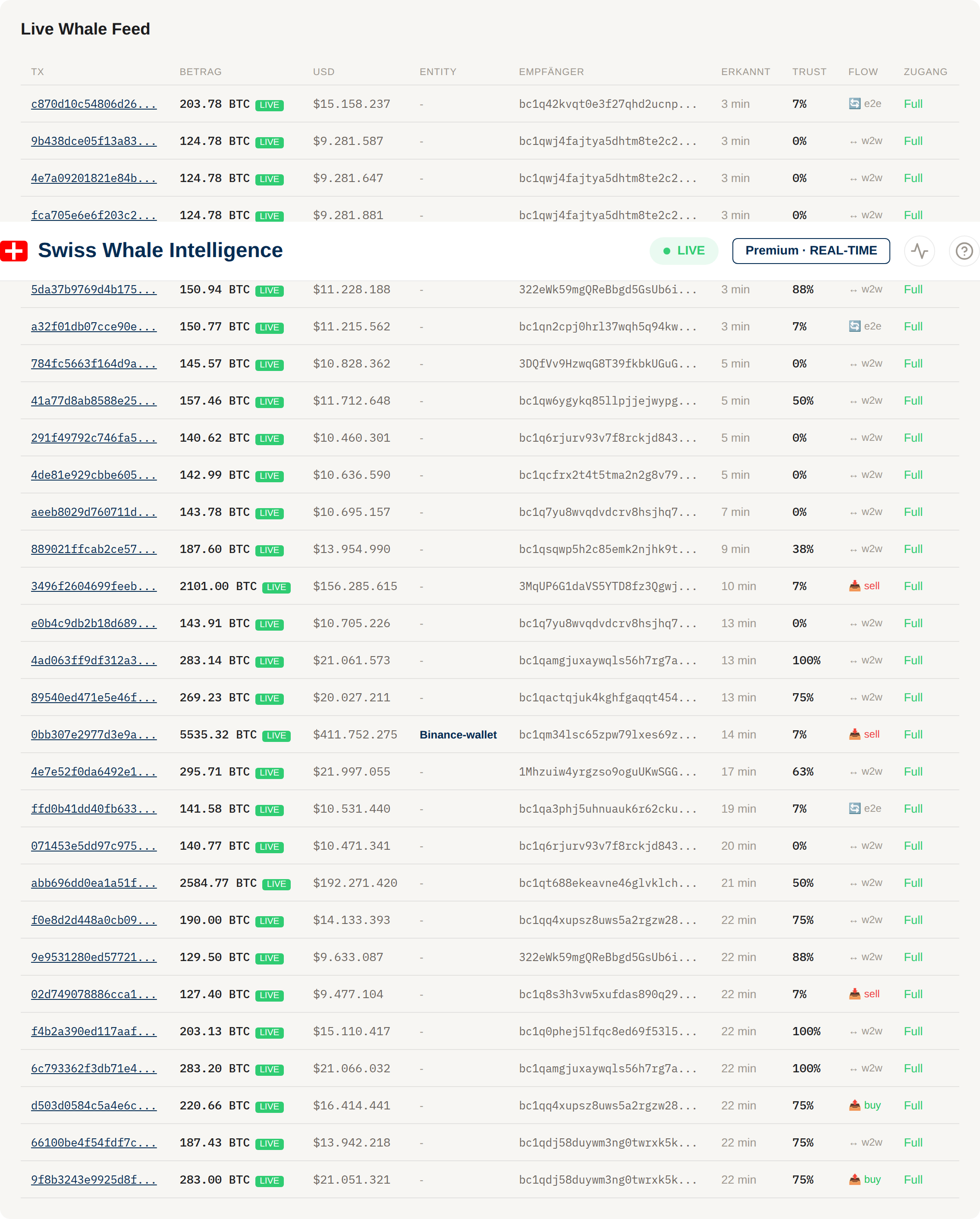 Live Whale Feed Tabelle mit TX-Links und Entity Labels
