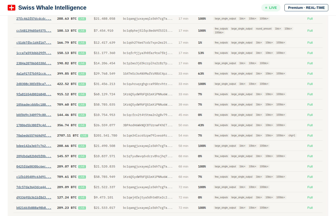 Premium whale feed showing full transaction details